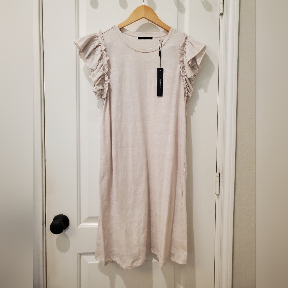 T Tahari Cream Ruffle Sleeve Midi Dress